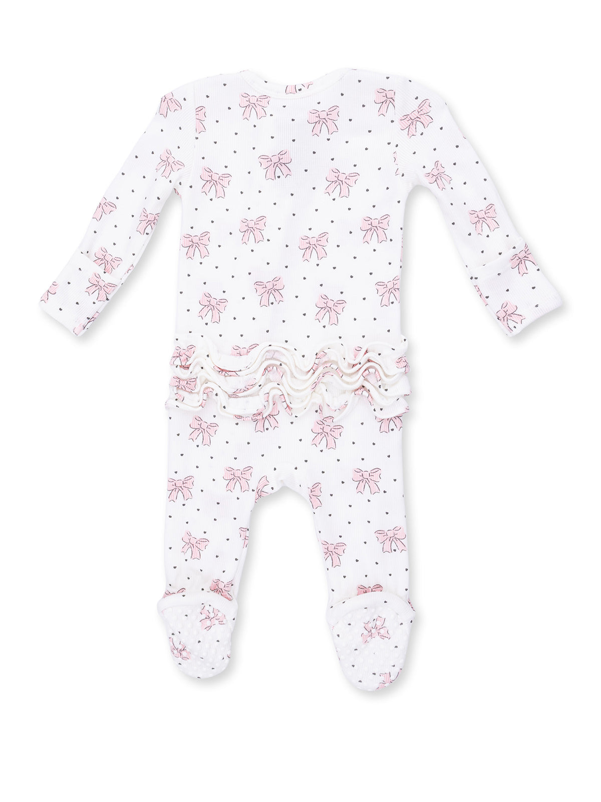 Ribbed 2-Way Ruffle Zip Footie, Bows and Hearts