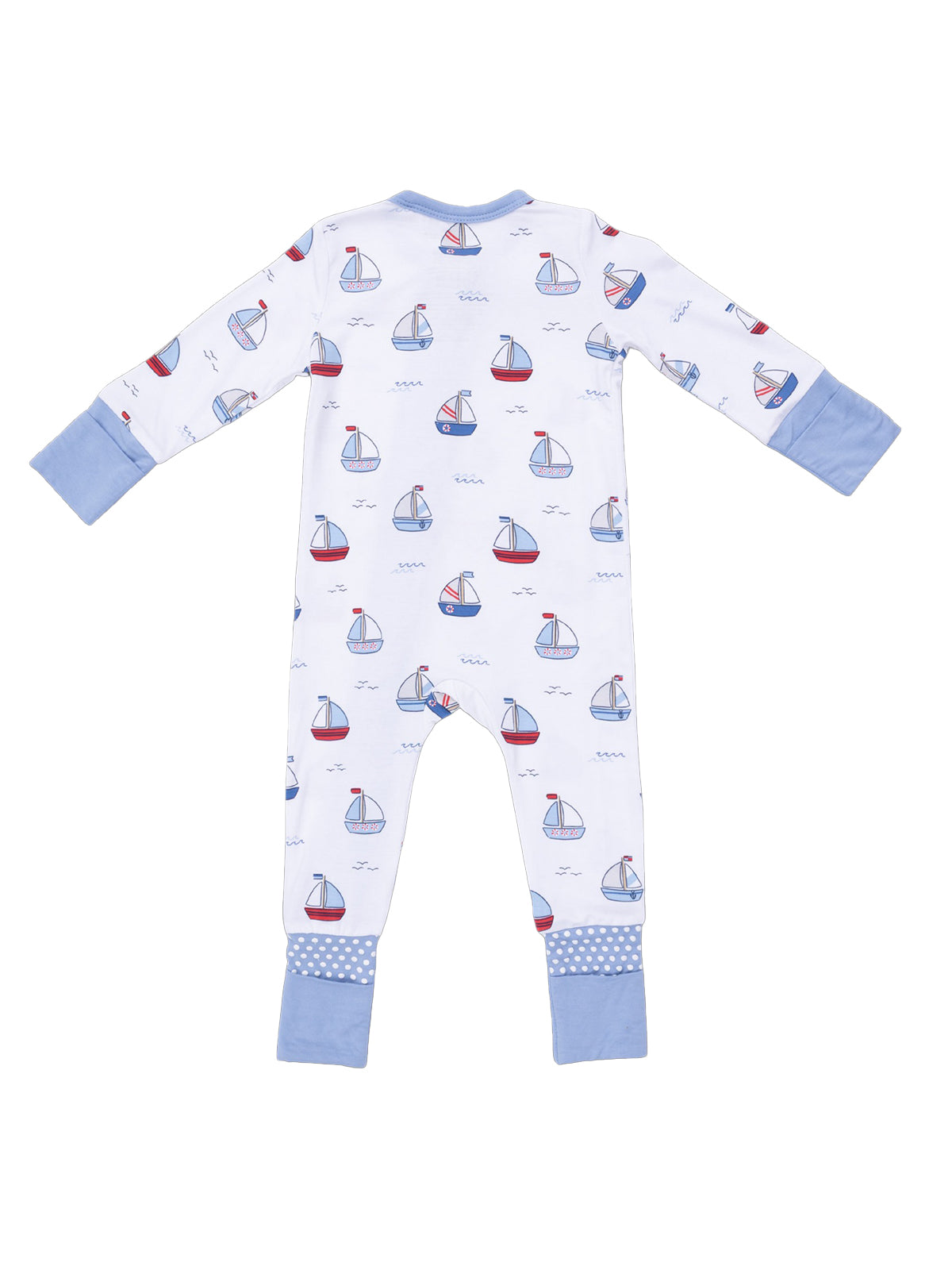 Back view of children's pajama set featuring colorful sailboats on a white background with blue sleeves and cuffs.