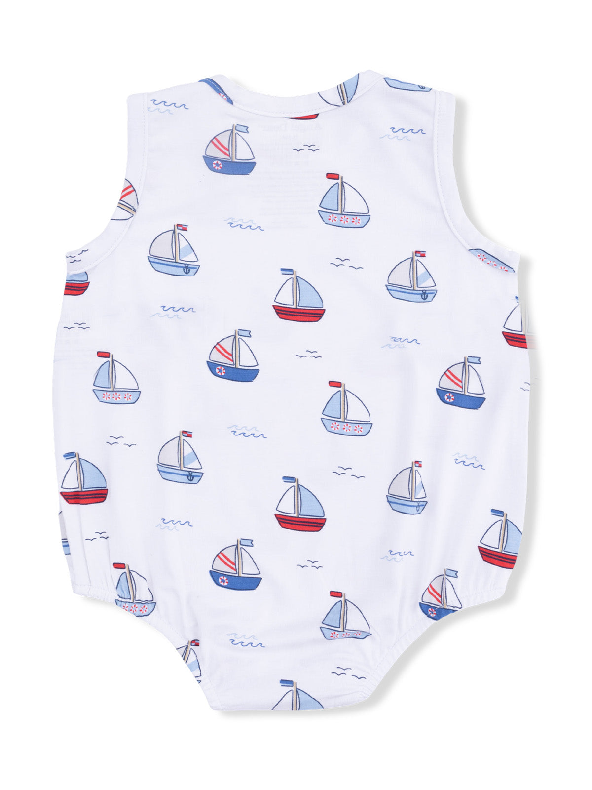 White baby romper with a print of colorful sailboats and waves, featuring sleeveless design.