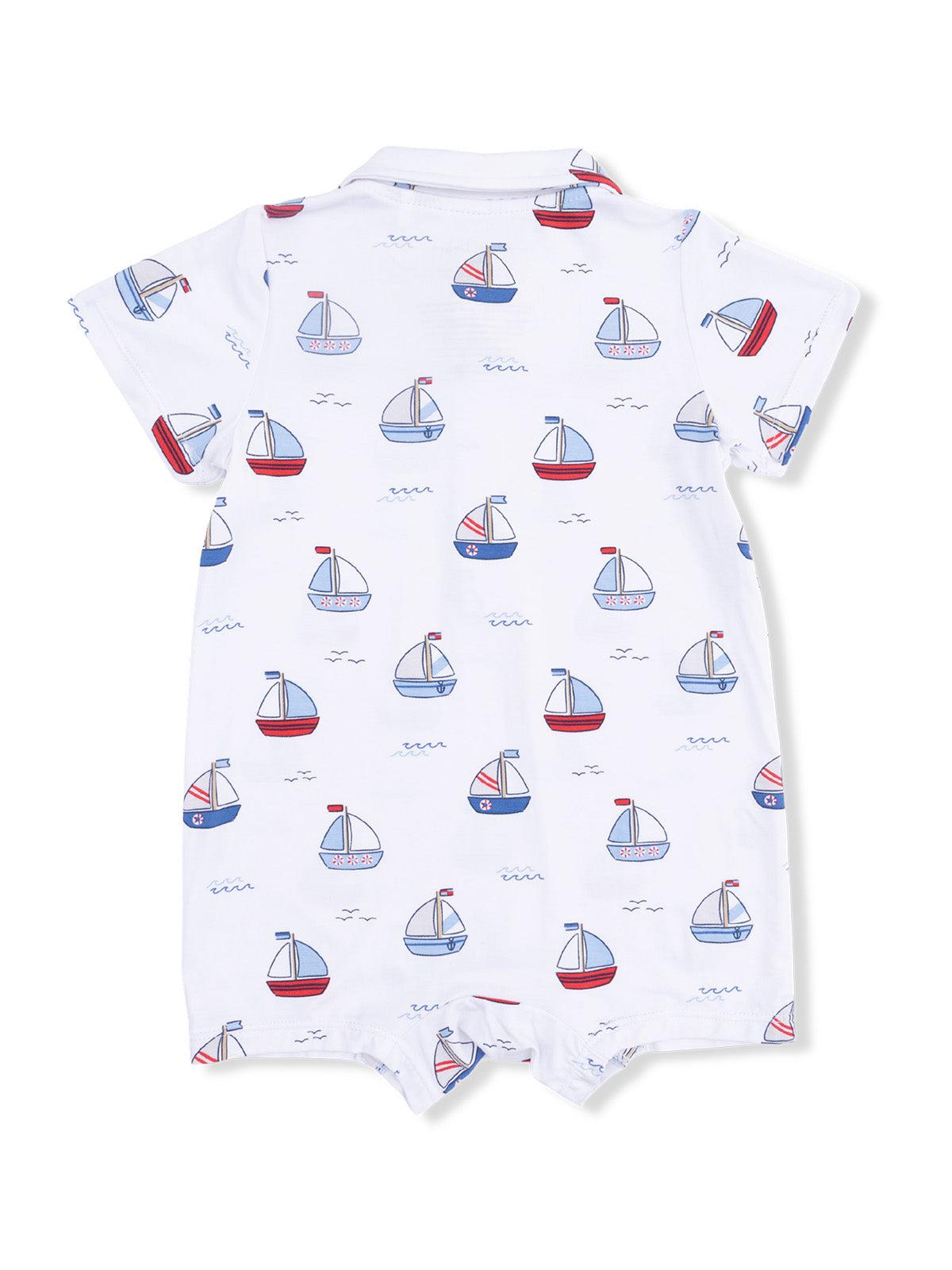 White onesie with a pattern of colorful sailboats and waves, designed for infants.