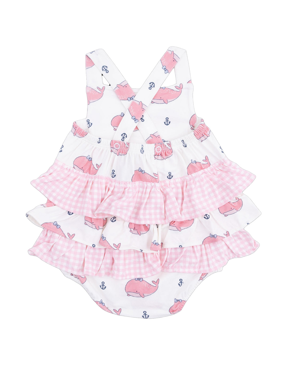 Pink whale-patterned baby romper with ruffled layers and crossback straps. Ideal for summer outfits.