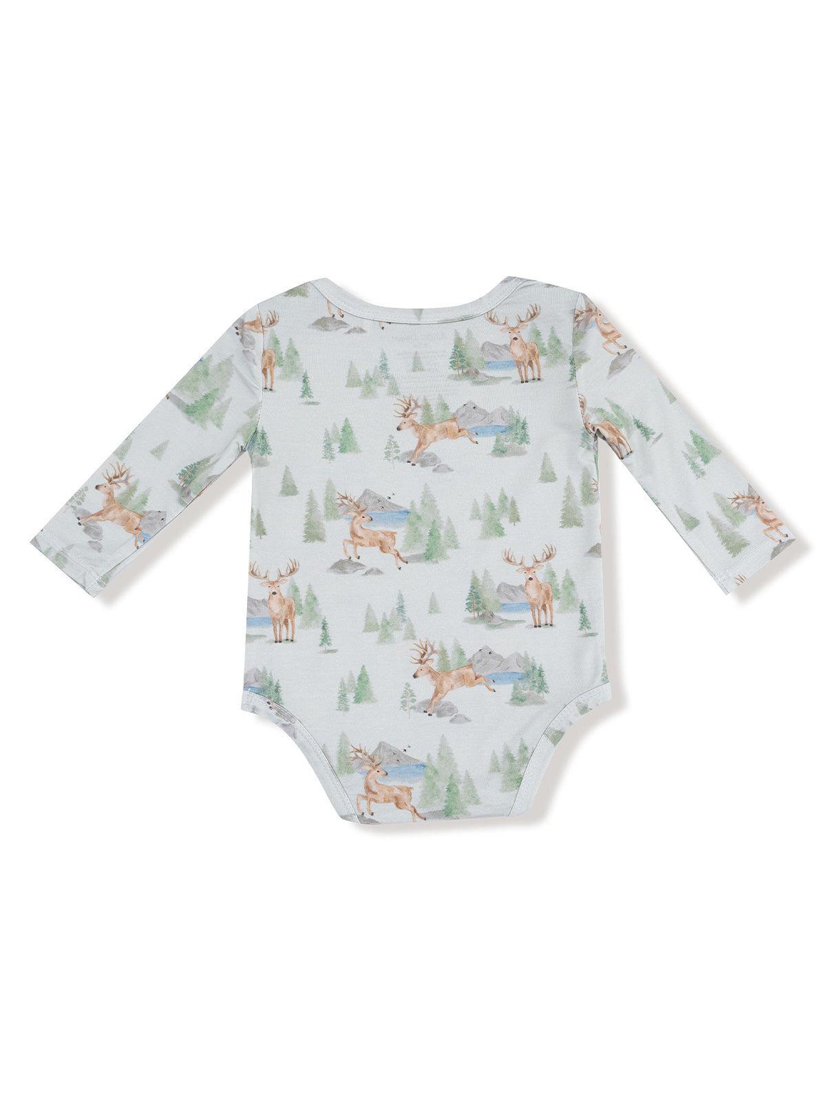 Long-sleeve baby onesie with a nature print featuring moose and trees.