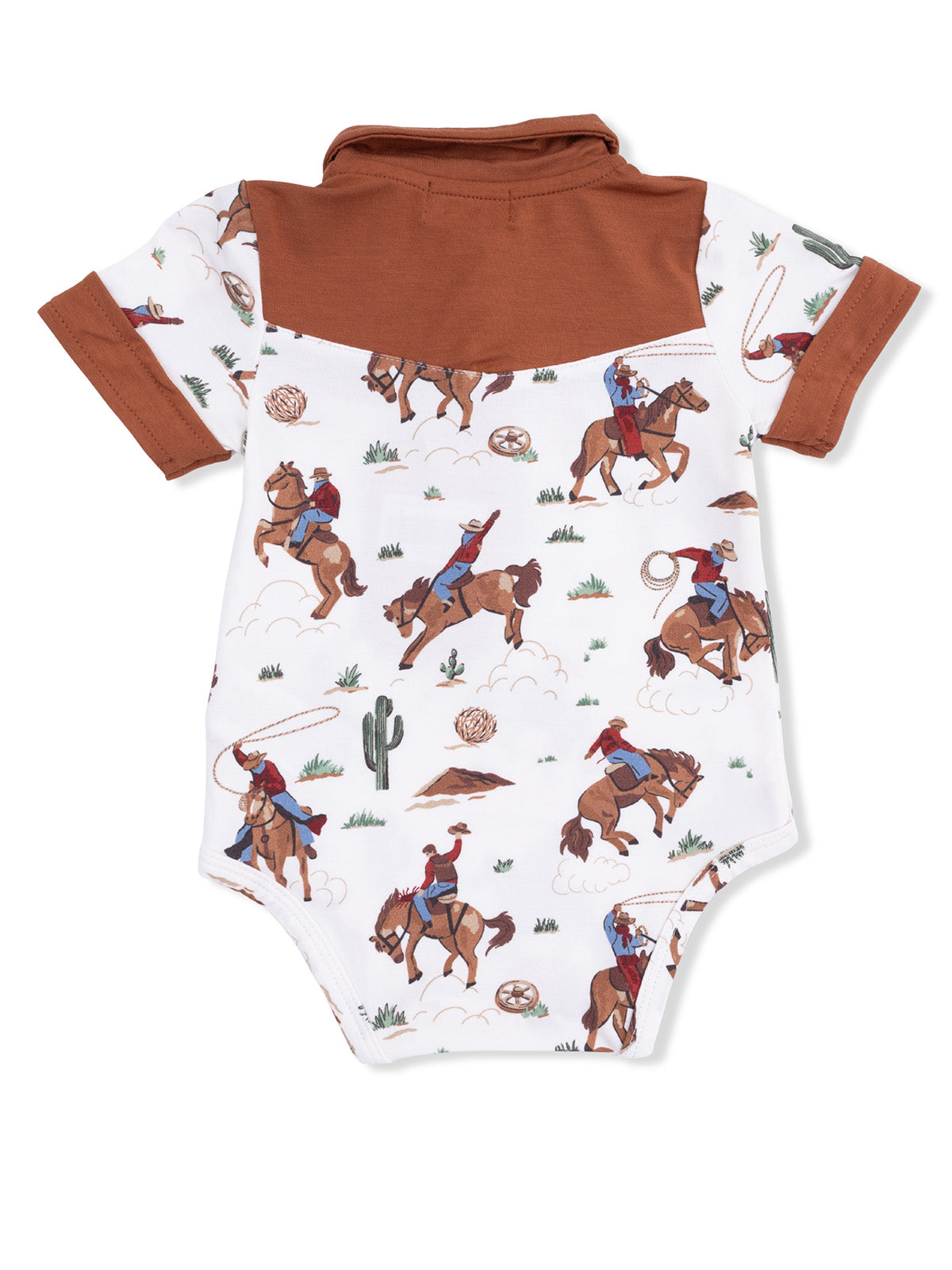 Brown and white baby onesie with cowboy illustrations riding horses and lassoing, featuring short sleeves.