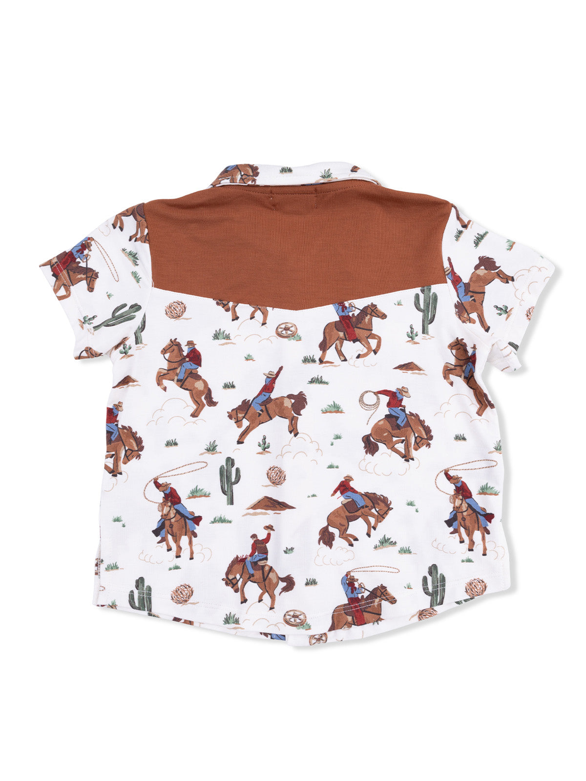 Children's shirt with a brown yoke, featuring a cowboy and horse print against a white background.
