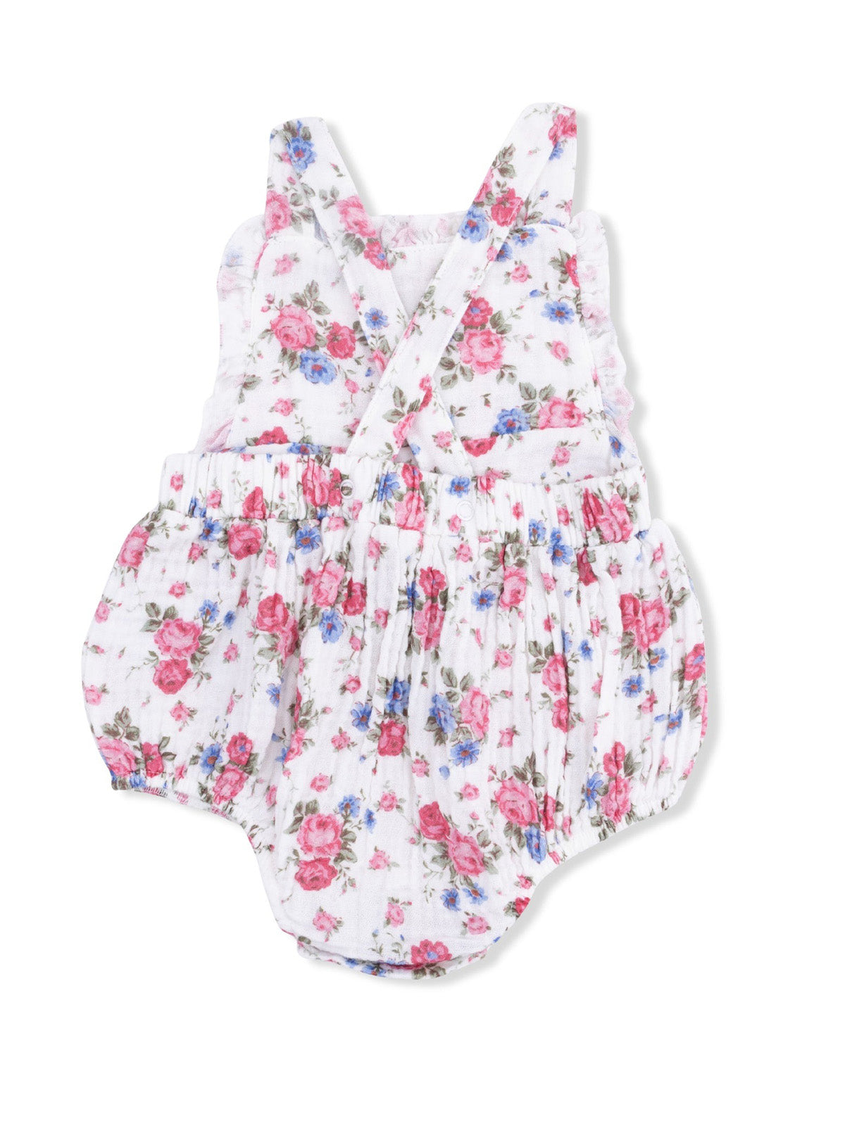 Floral romper suit in white with pink and blue flowers, featuring adjustable straps and elasticized waist.
