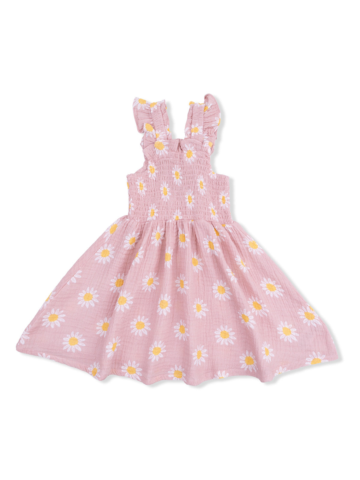 Pink dress with daisy print and ruffled straps, knee-length, perfect for spring or summer wear.