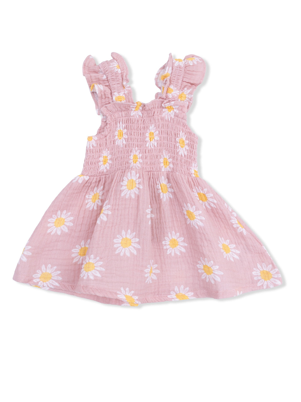 Pink dress with daisy print and ruffled straps, perfect for summer occasions.