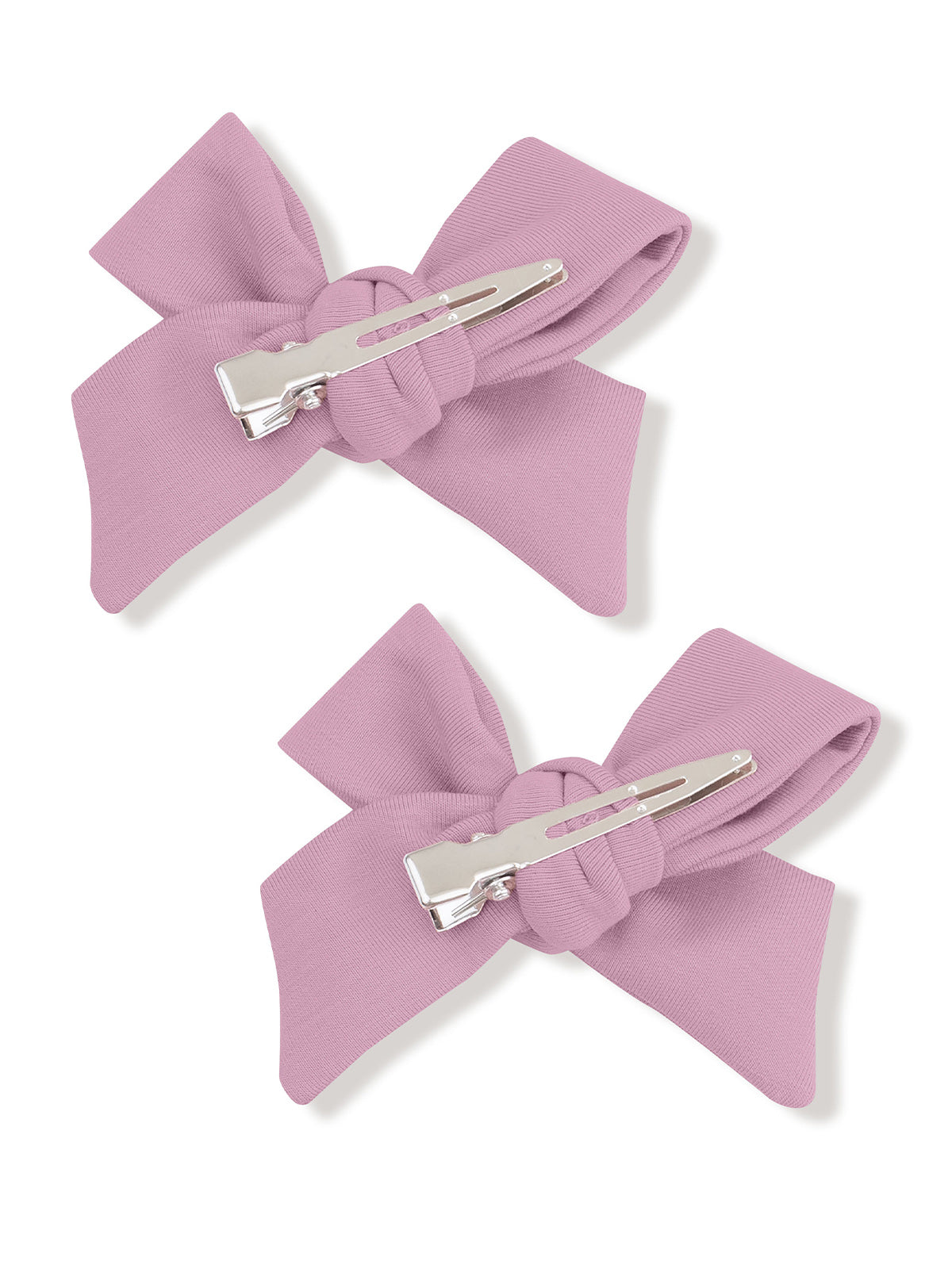 Two pink fabric hair bows with silver clips, arranged side by side on a white background.