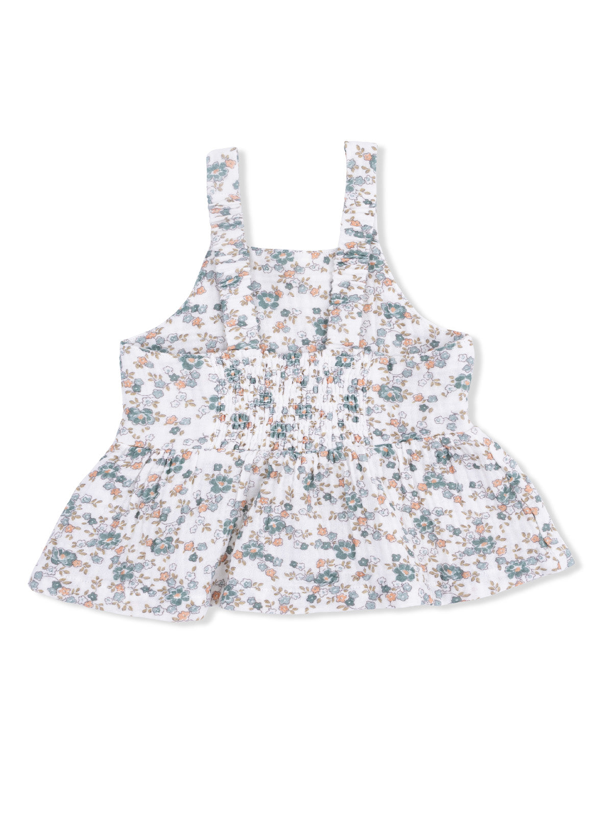 Floral pattern sleeveless top with a ruffled hem and smocked front, ideal for casual summer wear.
