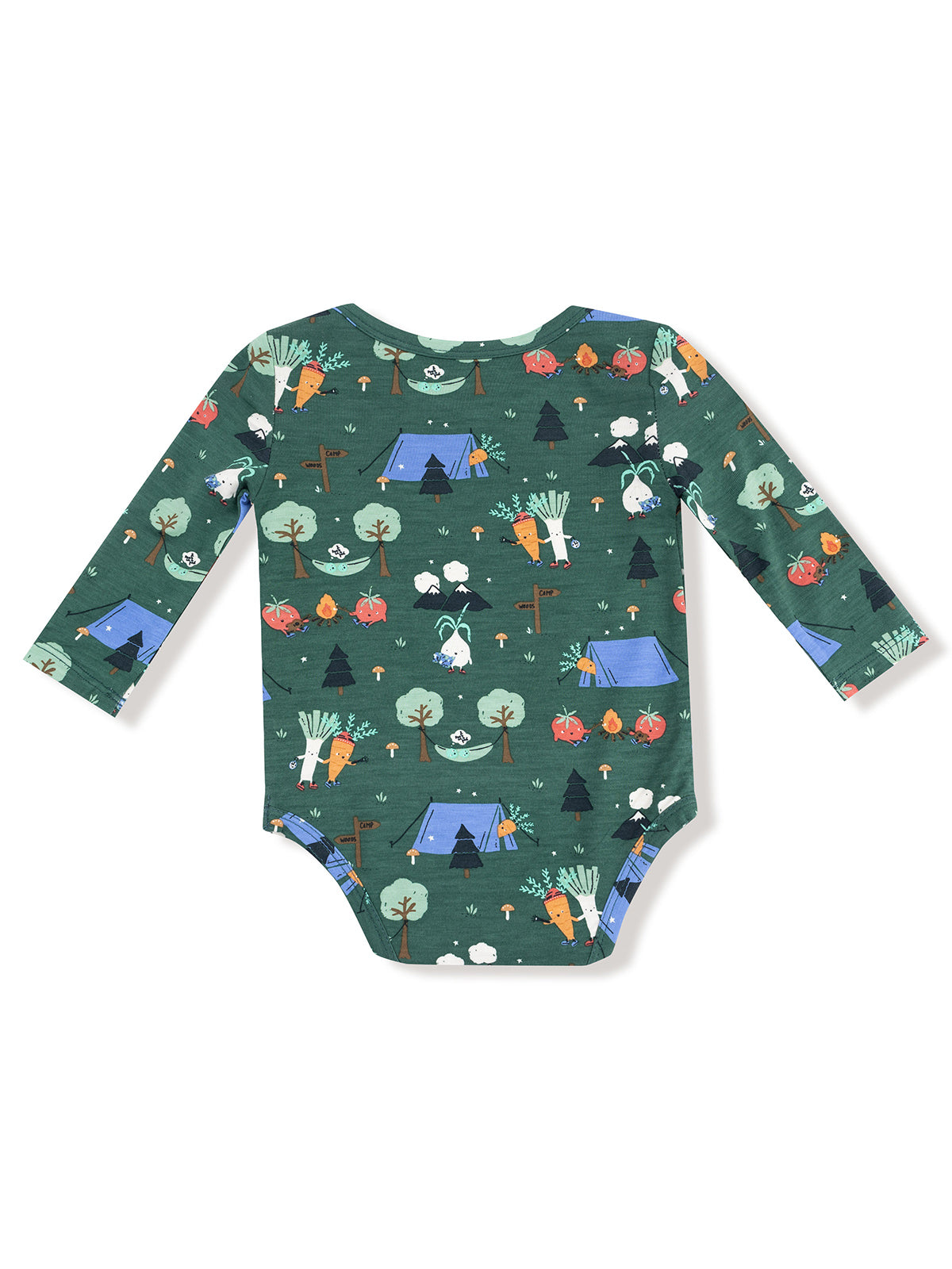 Long-sleeve baby bodysuit with a camping-themed print of trees, tents, and cheerful vegetables on a green background.