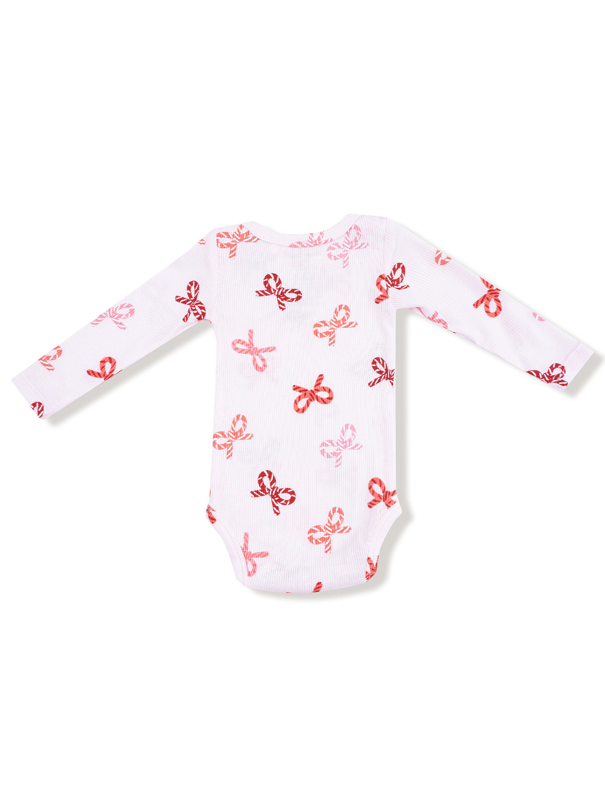 Long-sleeve baby bodysuit with a white background and red bow patterns.
