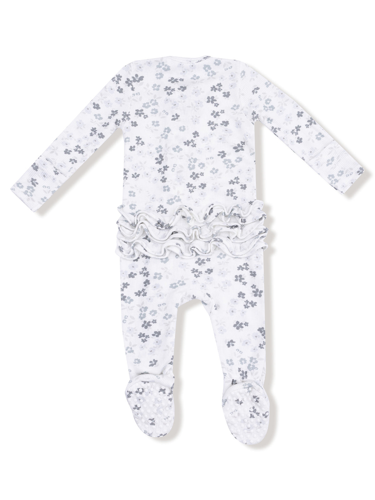 White baby onesie with gray floral pattern and ruffled back, featuring footed legs.