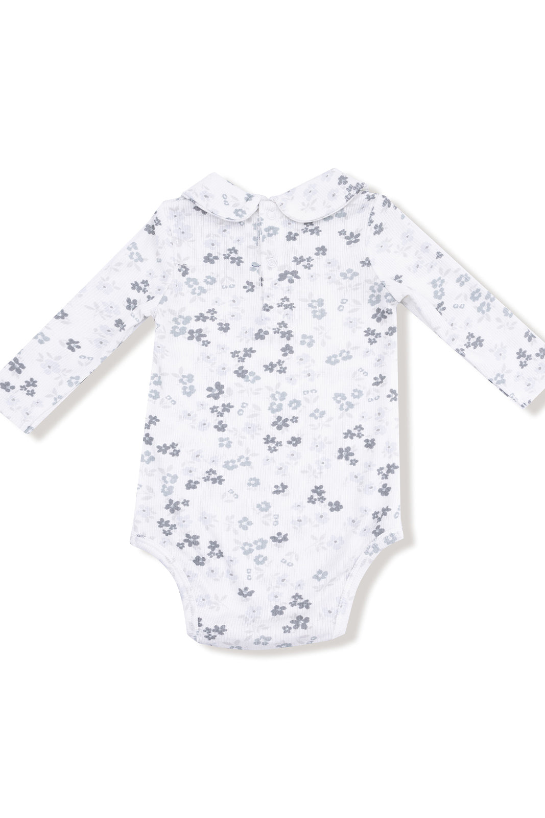 Long-sleeve baby bodysuit with a floral pattern and Peter Pan collar, in shades of gray and white.