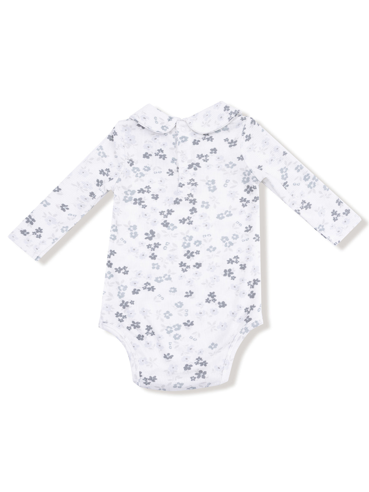 Long-sleeve baby bodysuit with a floral pattern and Peter Pan collar, in shades of gray and white.