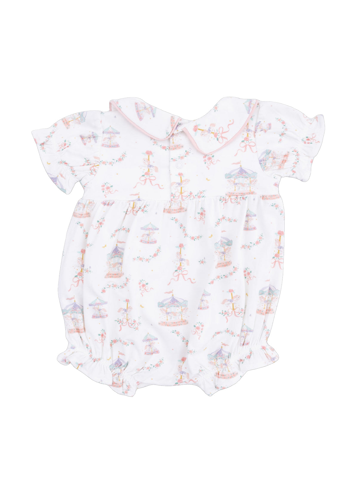 White baby romper with colorful carousel print and ruffled sleeves, featuring a pink collar and gathered bottom.