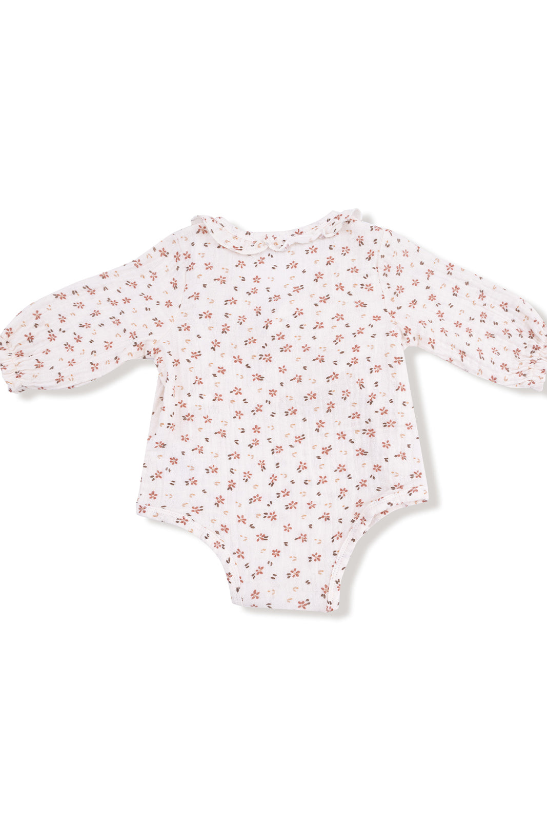 White baby bodysuit with floral print and long sleeves on a light background.