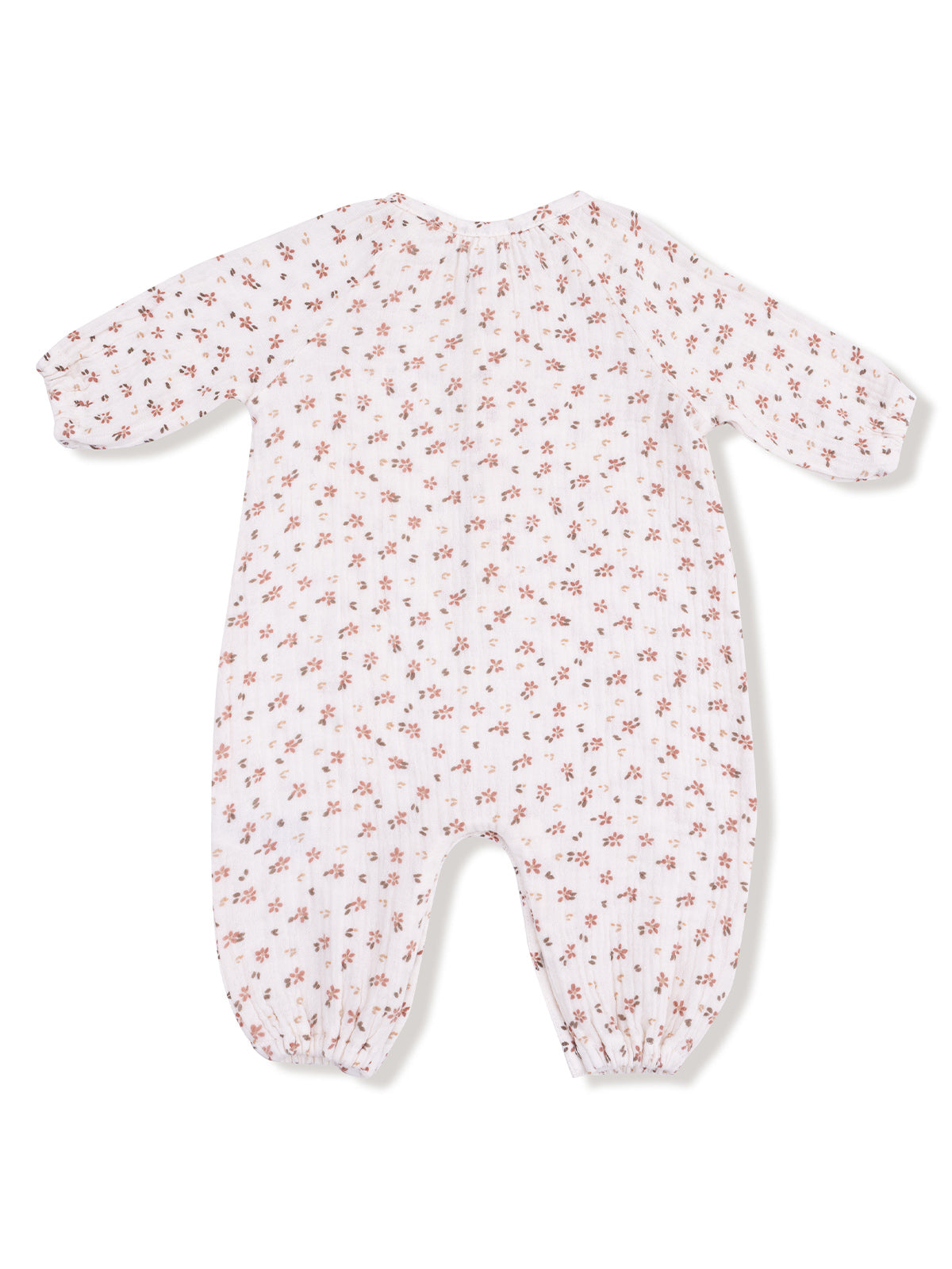 Back view of a floral-patterned infant romper with gathered sleeves and ankles. Perfect for playful comfort.