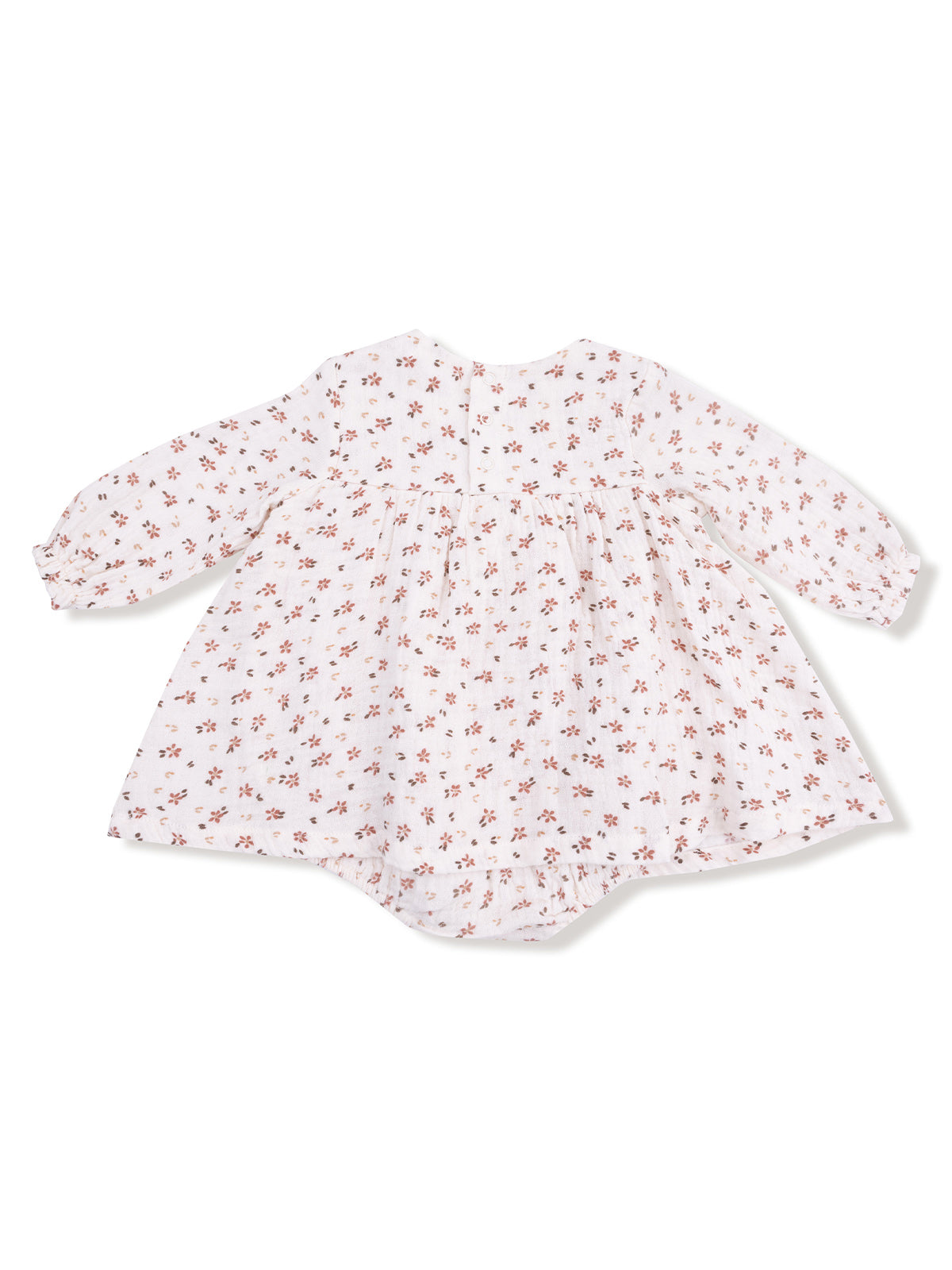 White dress with floral pattern and puff sleeves, featuring a gathered waist and button closure at the back.