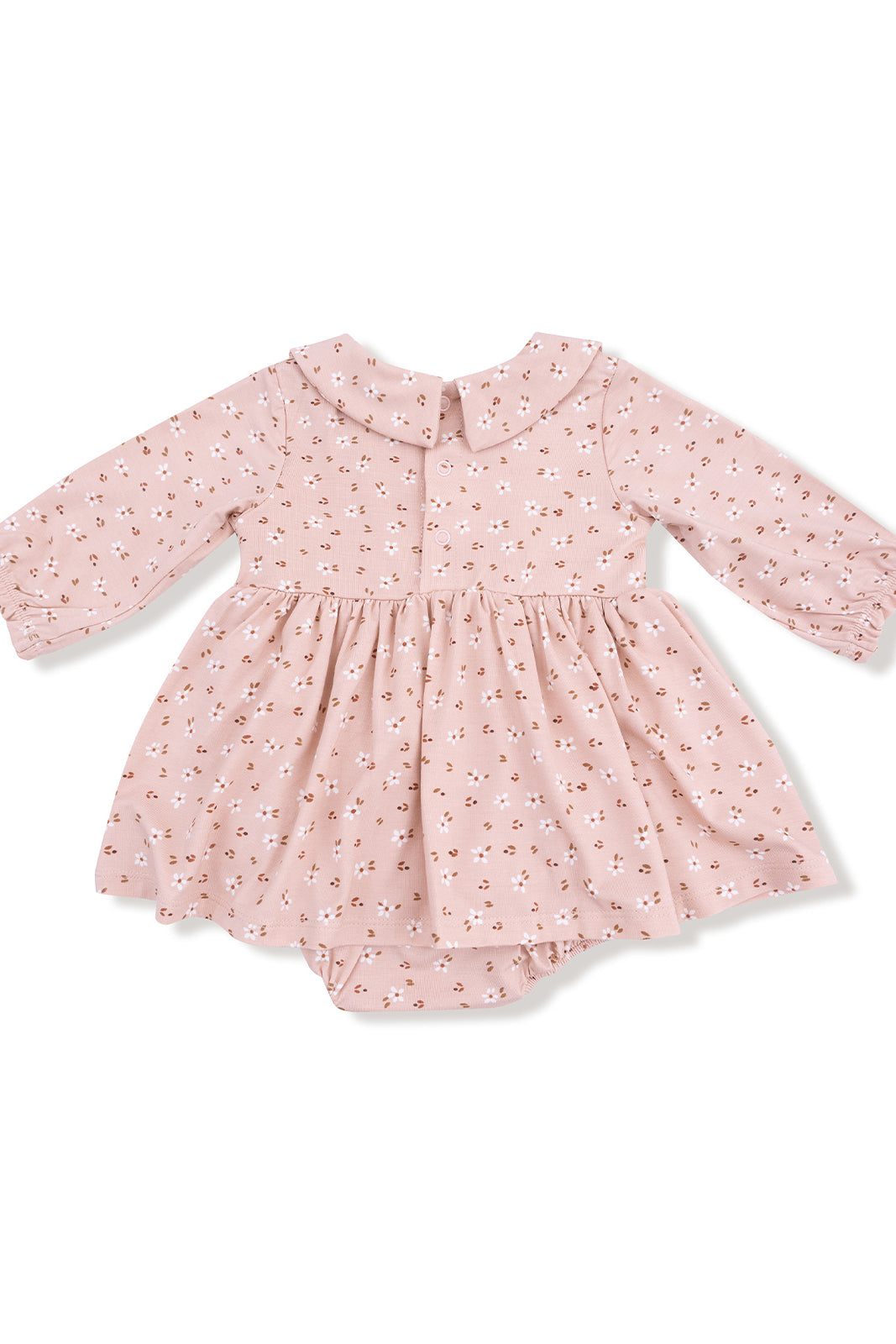 Pink floral baby dress with long sleeves and a round collar, featuring button closure and attached bloomers.