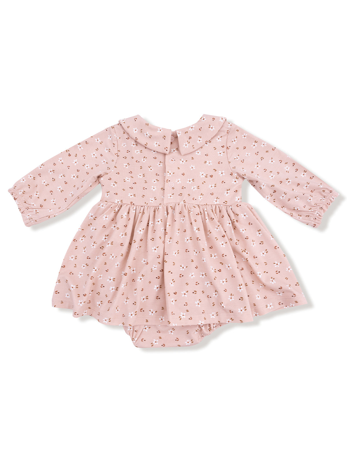 Pink floral baby dress with long sleeves and a round collar, featuring button closure and attached bloomers.