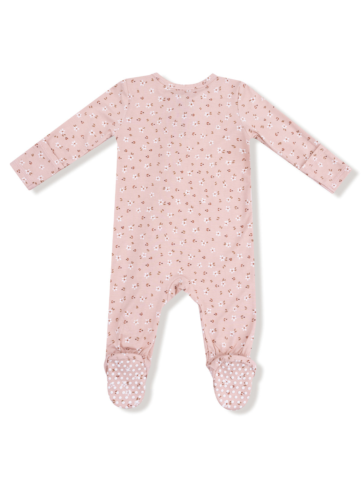 Back view of a pink floral baby onesie with polka dot footed bottoms and long sleeves.