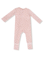 Pink floral baby onesie with long sleeves and decorative cuffs. Back view.