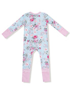 Floral-patterned children's pajamas in soft blue with pink accents and long sleeves, viewed from the back.