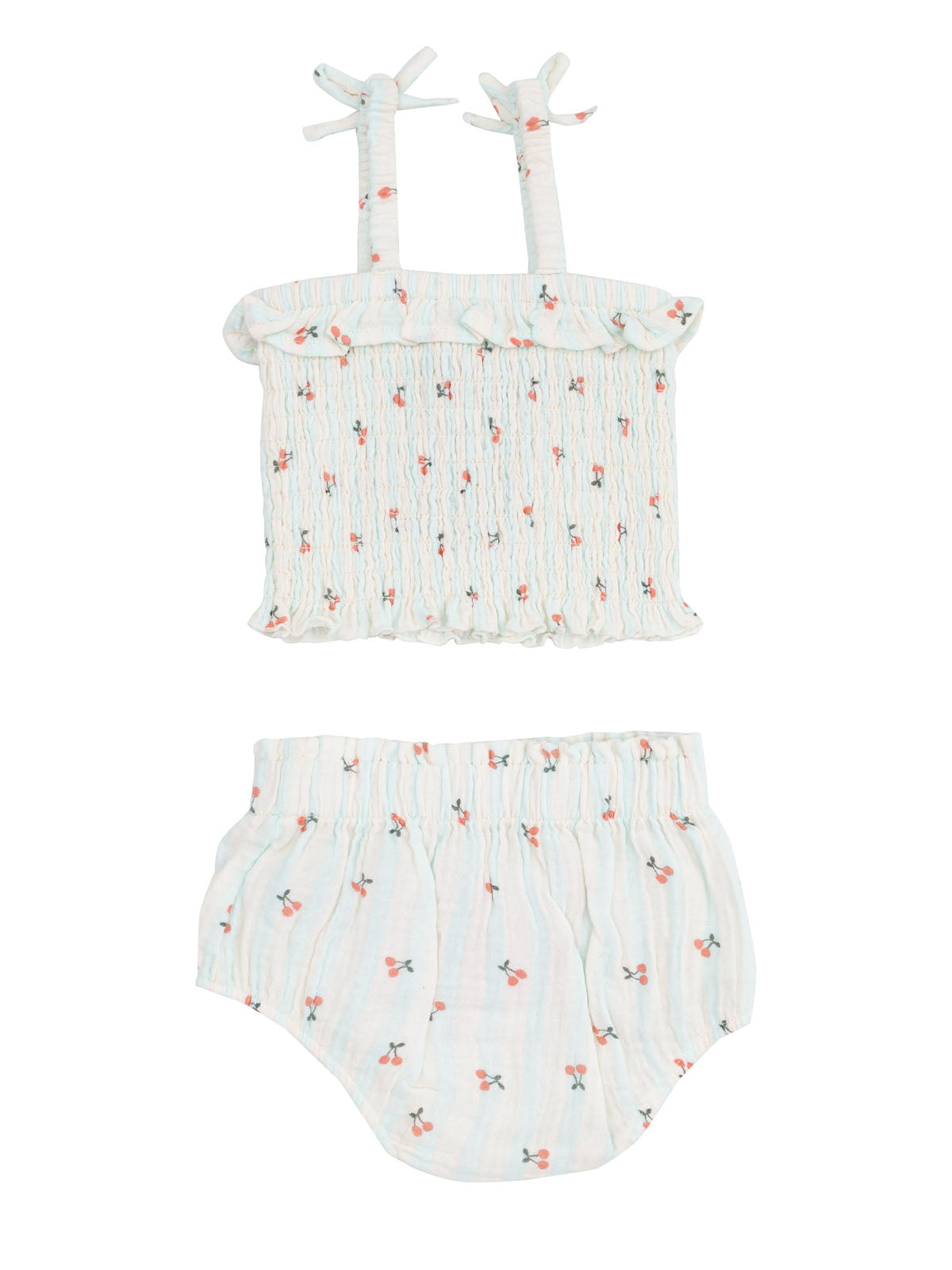 Light blue two-piece set featuring a ruffled crop top and matching bottoms with a floral pattern.