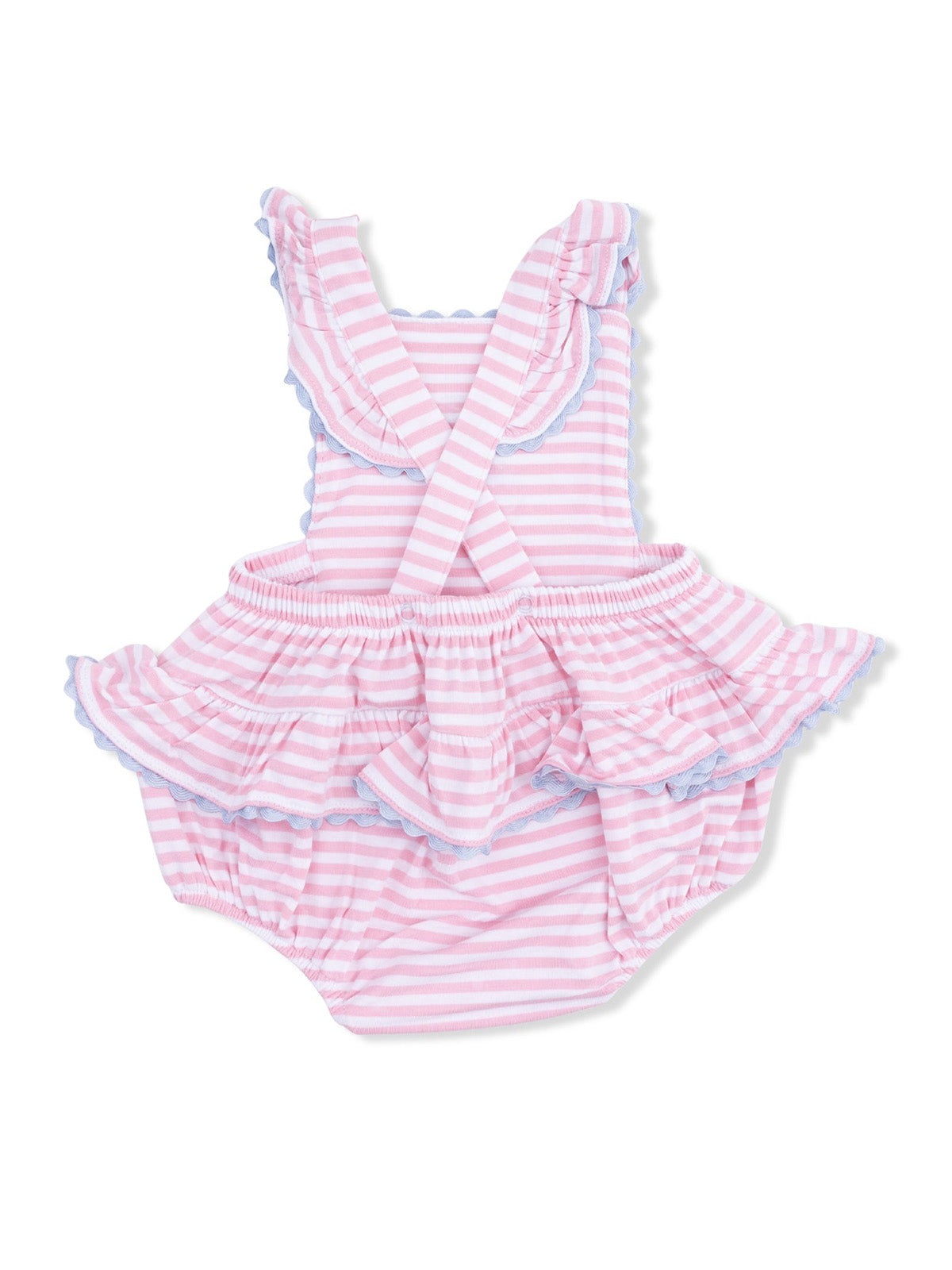 Pink striped baby dress with ruffled sleeves and a tiered skirt. Ideal for warm weather and playful outings.
