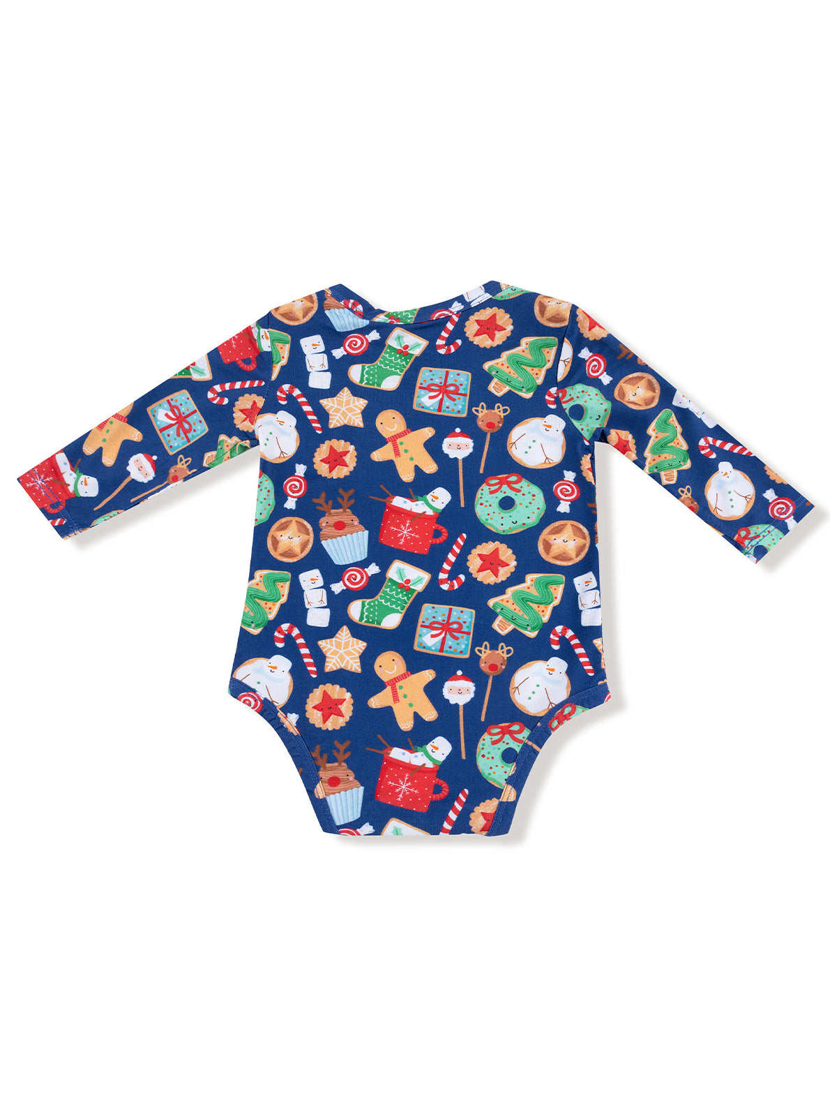 Long-sleeve baby onesie featuring a festive pattern of gingerbread, gifts, and holiday elements on a blue background.