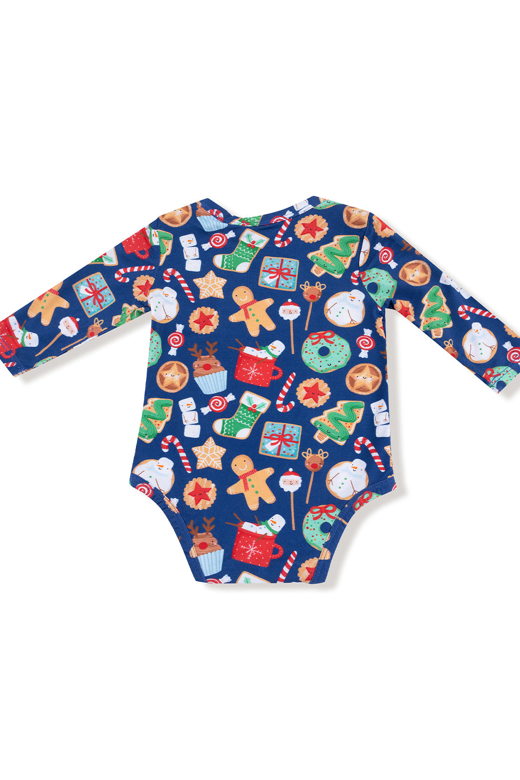 Long-sleeve baby onesie featuring a festive pattern of gingerbread, gifts, and holiday elements on a blue background.