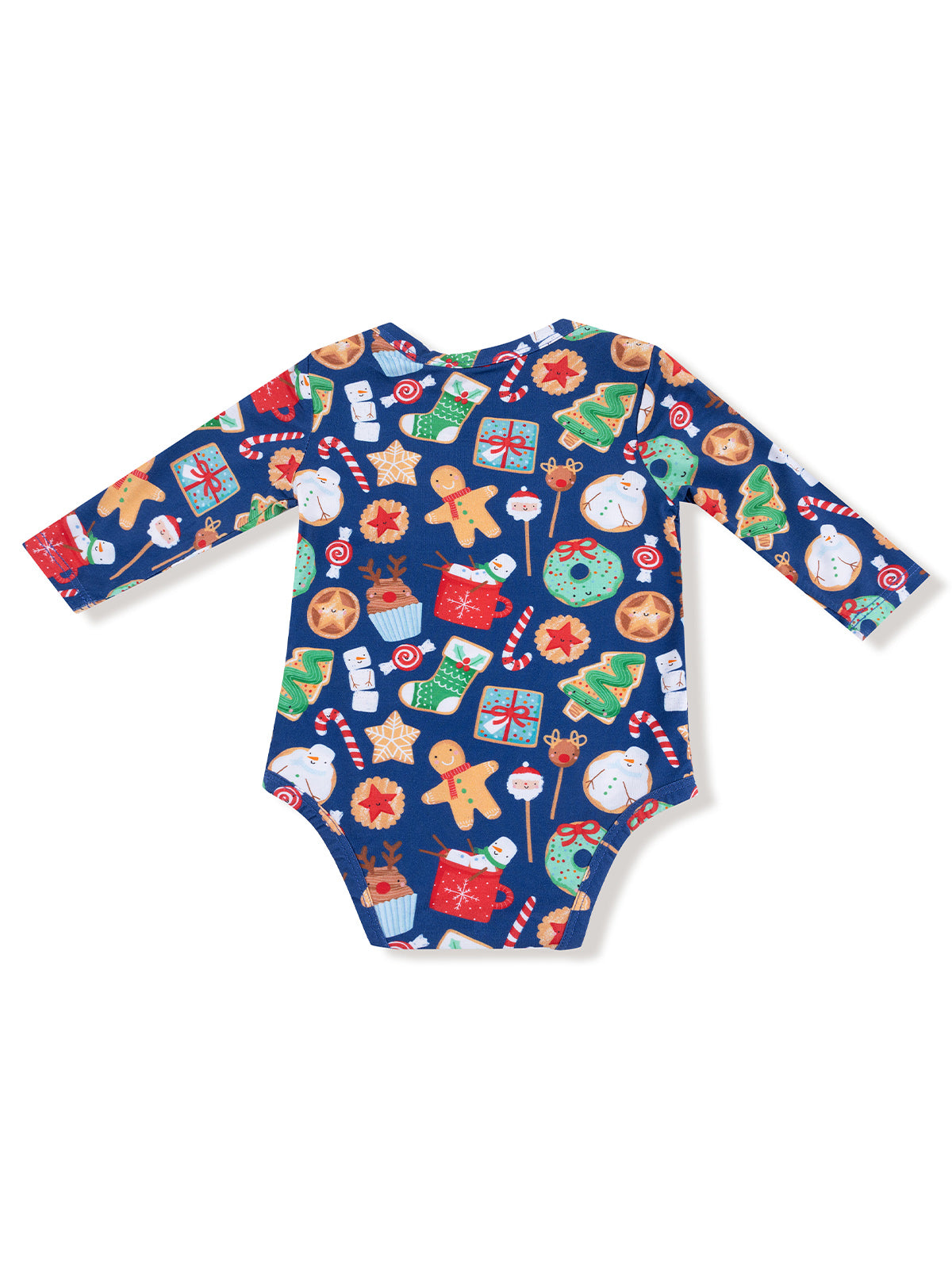 Long-sleeve baby onesie featuring a festive pattern of gingerbread, gifts, and holiday elements on a blue background.