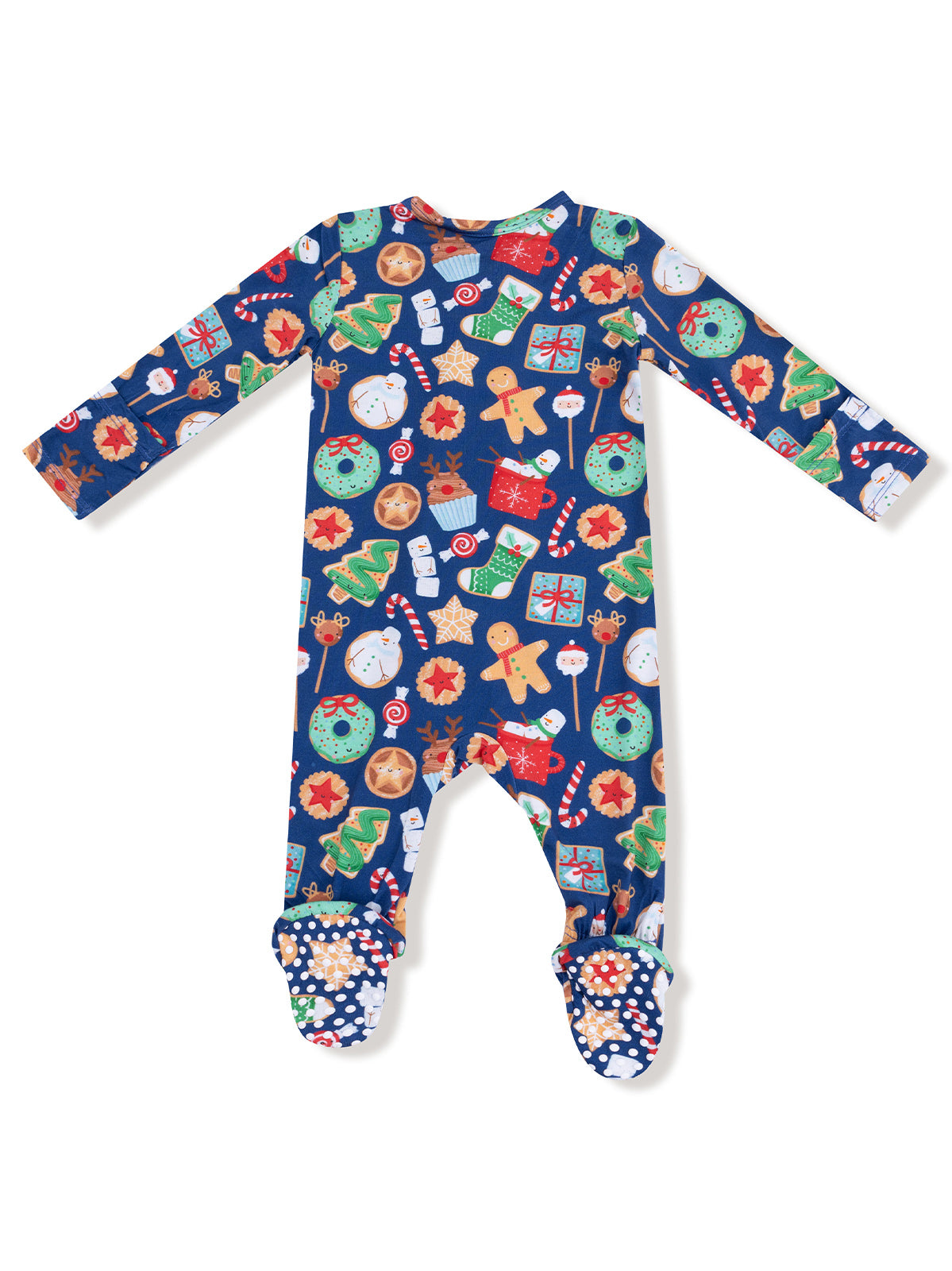 Festive infant onesie featuring a colorful holiday pattern of cookies, gifts, and ornaments on a navy background.