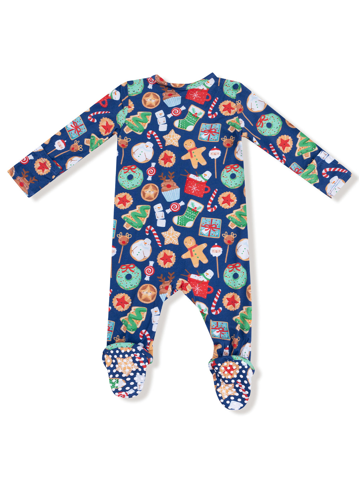Festive infant onesie featuring a colorful holiday pattern of cookies, gifts, and ornaments on a navy background.