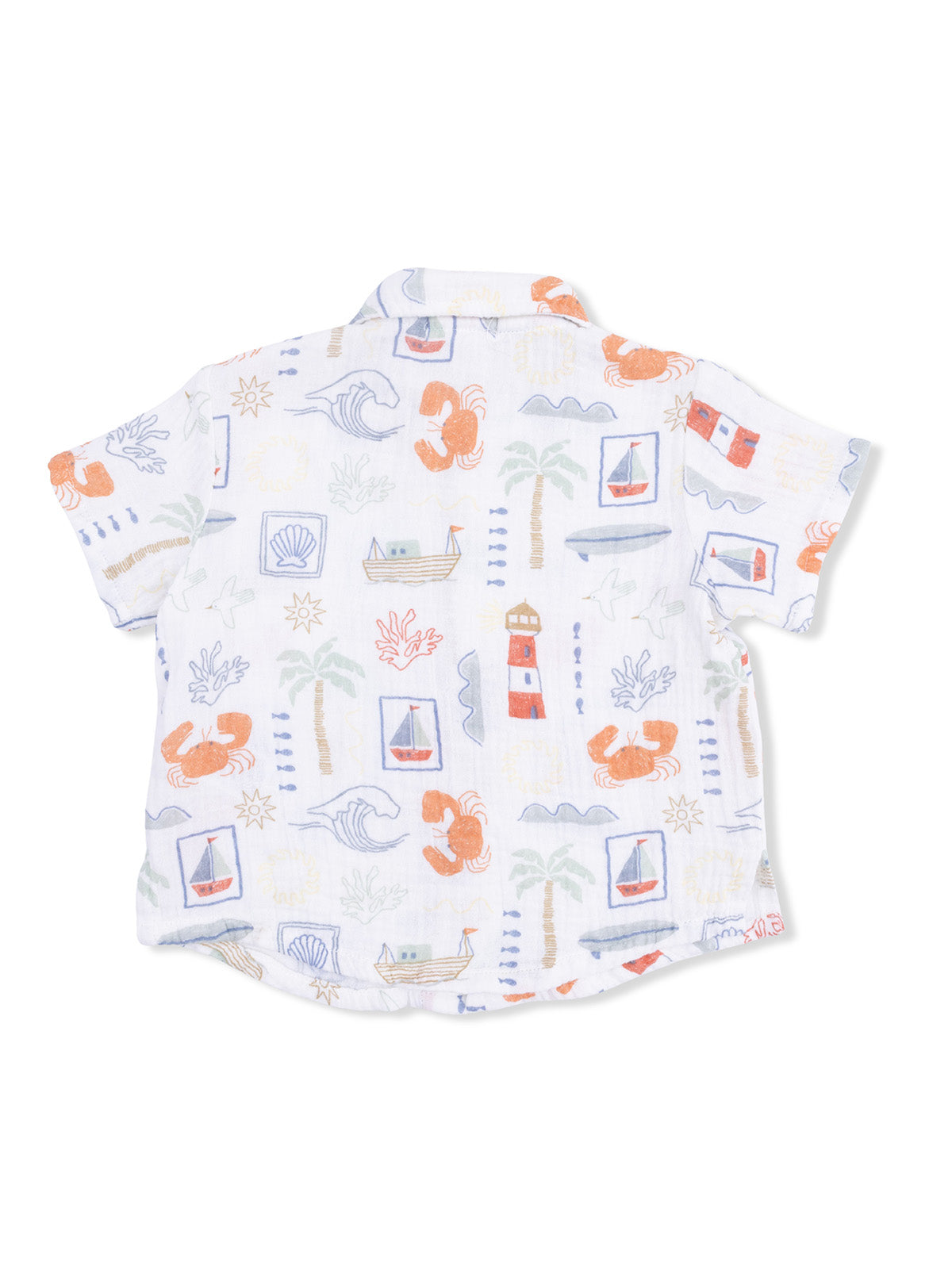 Back view of a short-sleeve, patterned shirt featuring beach-themed designs like crabs, boats, and lighthouses.