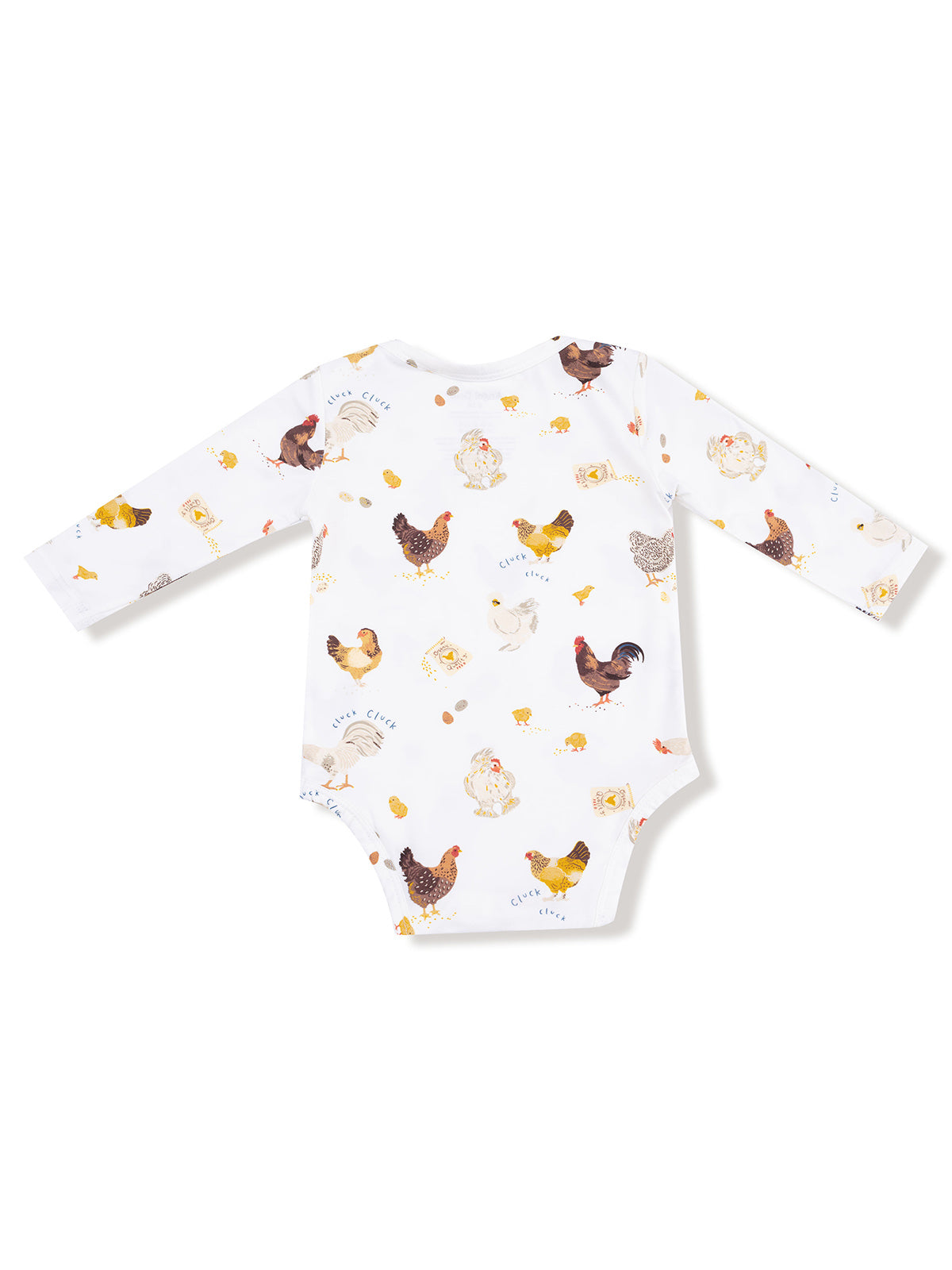 White long-sleeve baby onesie with colorful chicken patterns and "Click Click" text throughout.