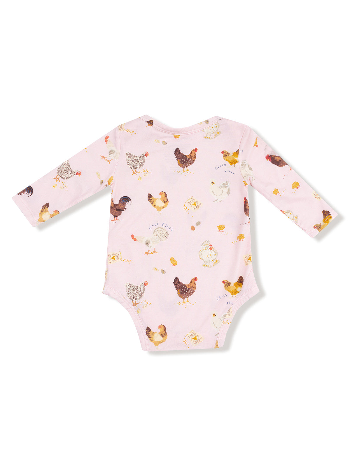 Baby onesie with long sleeves, pink background, and colorful chicken print design.