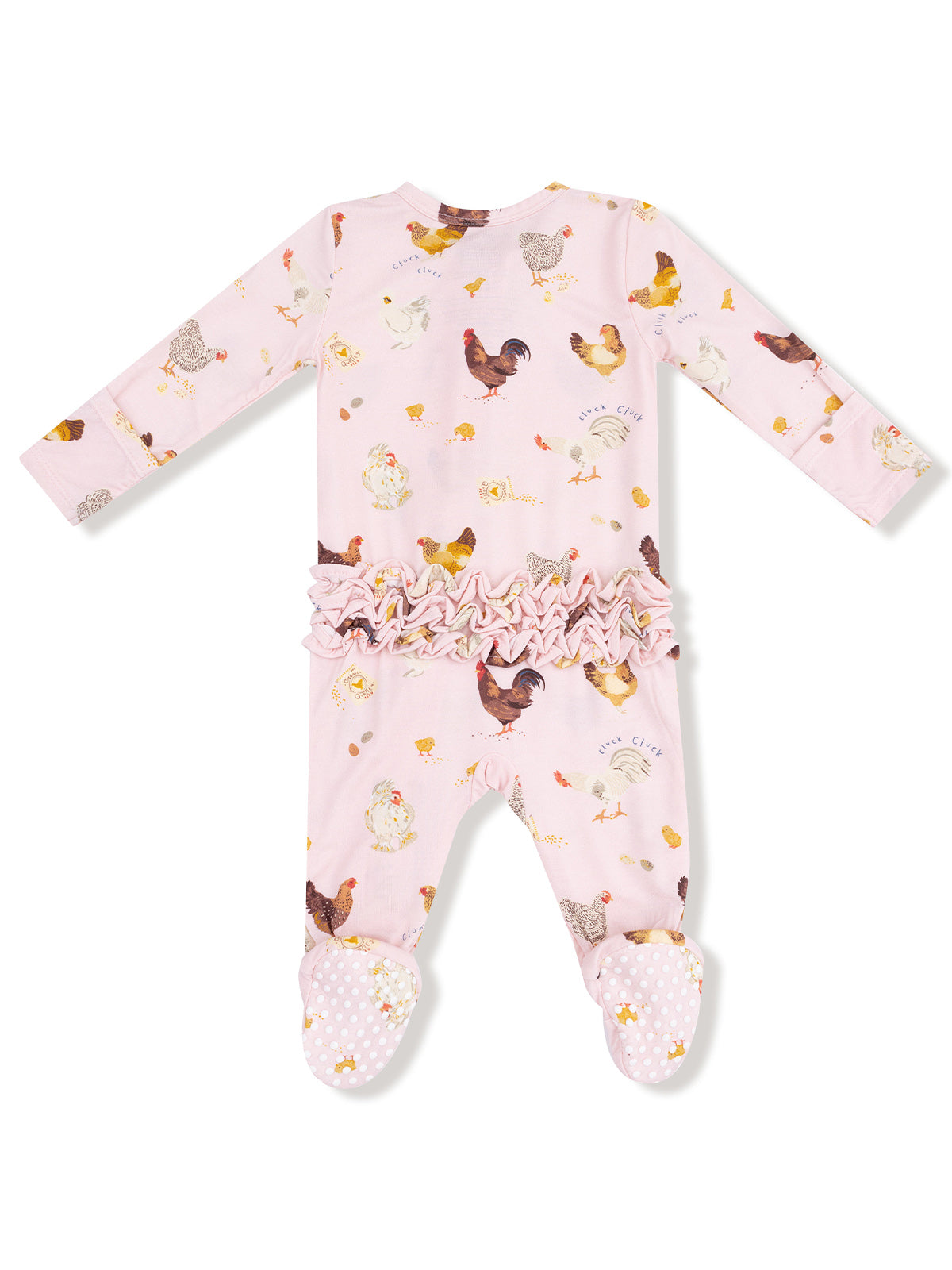 Pink baby pajamas with chicken prints and ruffled waist, featuring textured sole grips for added safety.