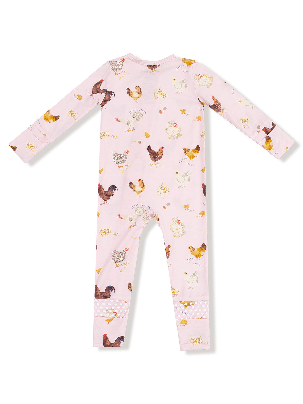 Pink children's pajama set featuring various chicken illustrations on the back.