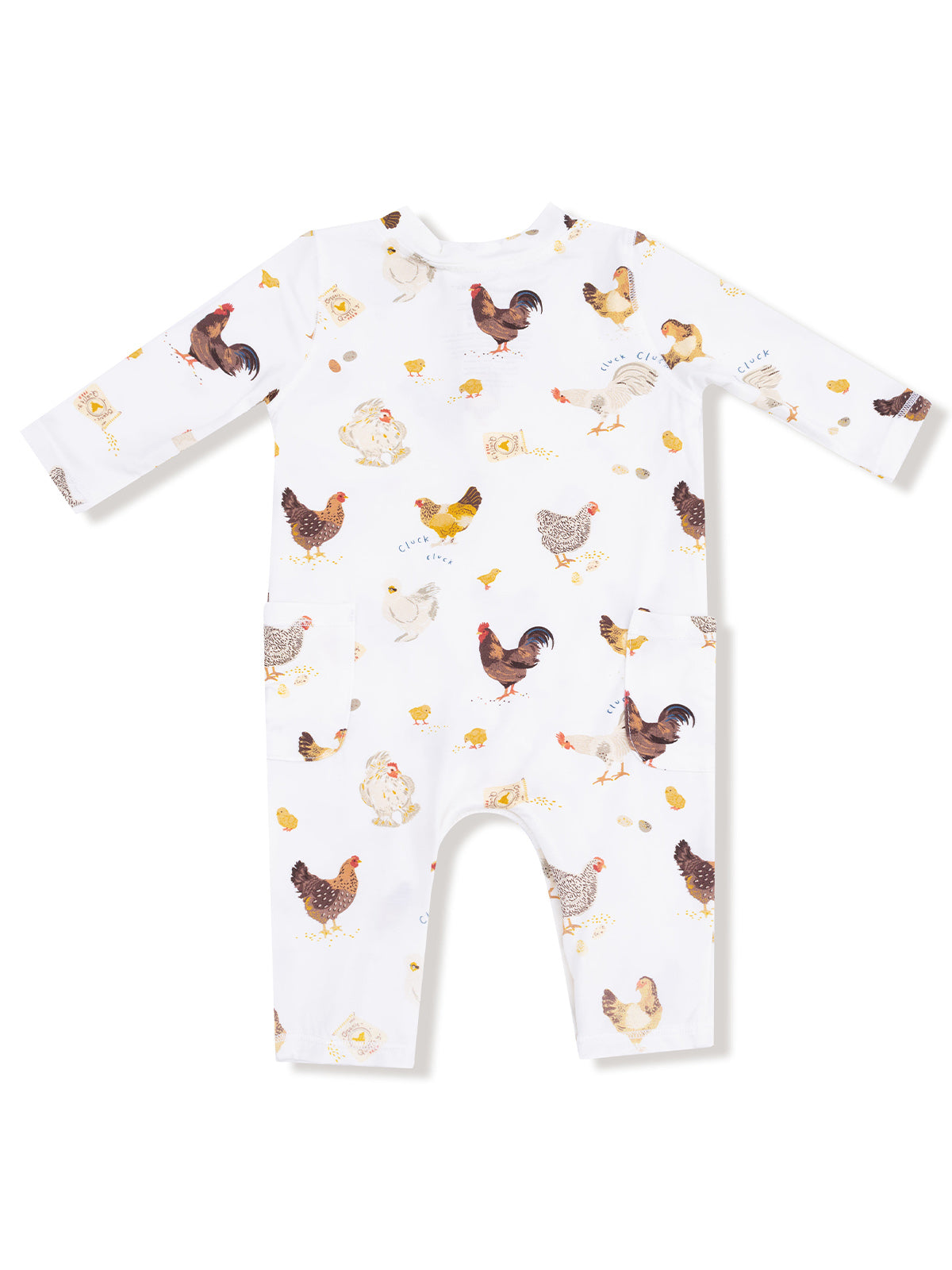 White romper featuring colorful chicken and egg patterns, ideal for infants and toddlers.