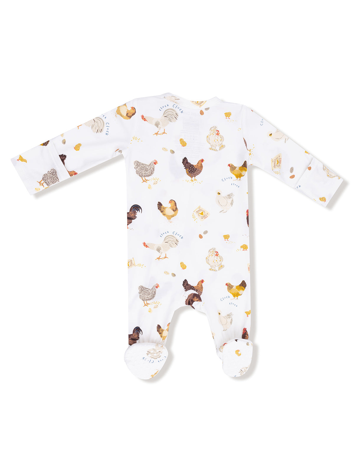 White baby onesie with colorful chicken prints and text, featuring long sleeves and footed design.
