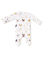 White baby onesie with colorful chicken prints and text, featuring long sleeves and footed design.