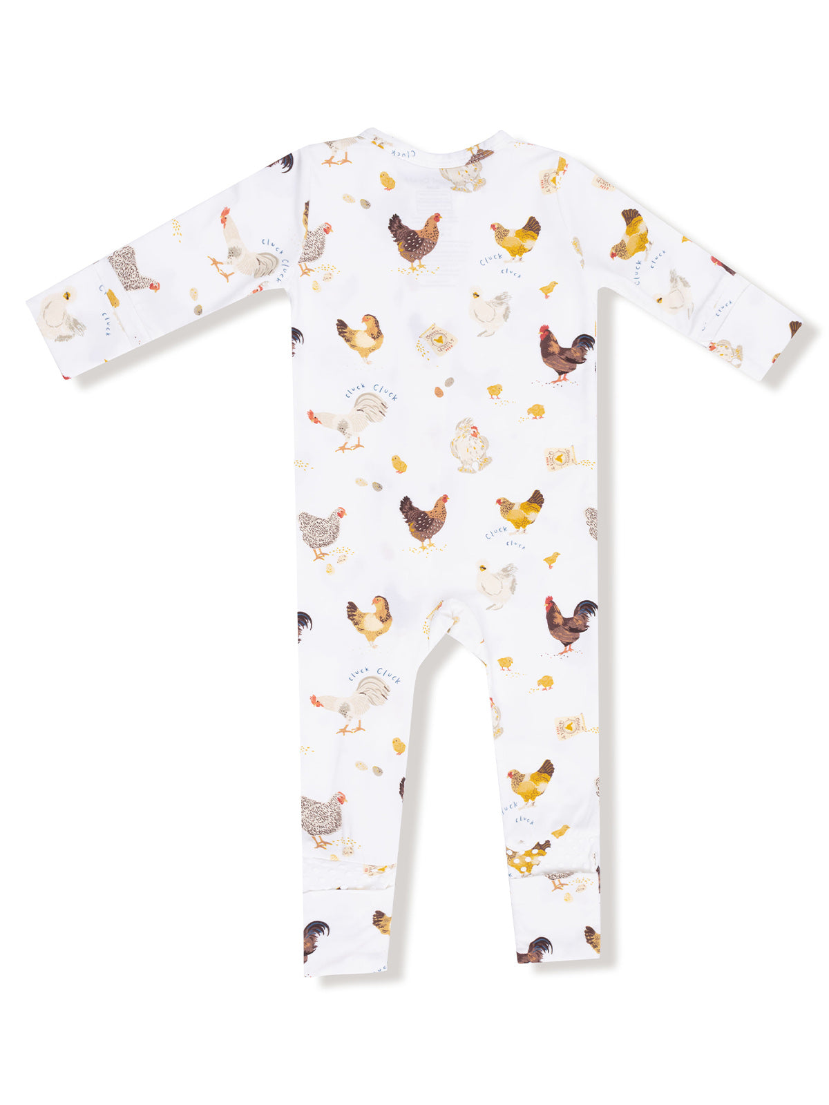 White pajamas featuring a colorful chicken pattern, showcasing various chicken illustrations and eggs.