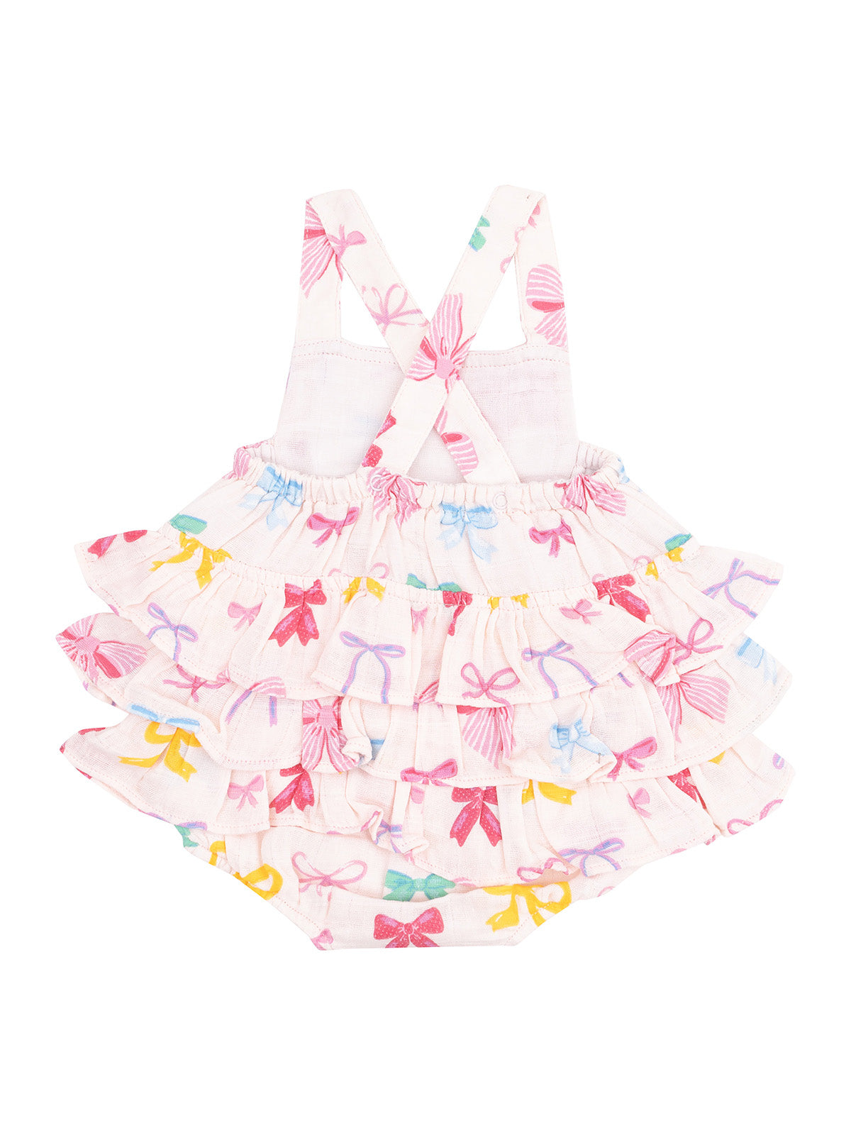 Light pink ruffle dress with colorful bows, featuring adjustable straps and a flared silhouette.