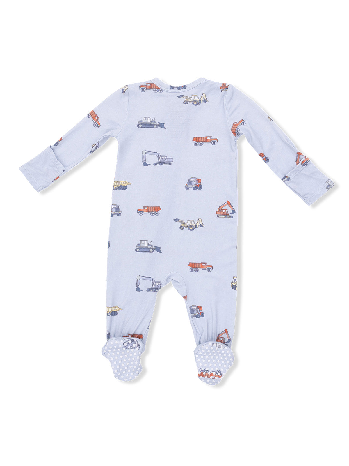 Light blue children's onesie featuring colorful construction vehicle prints and polka-dotted foot covers.