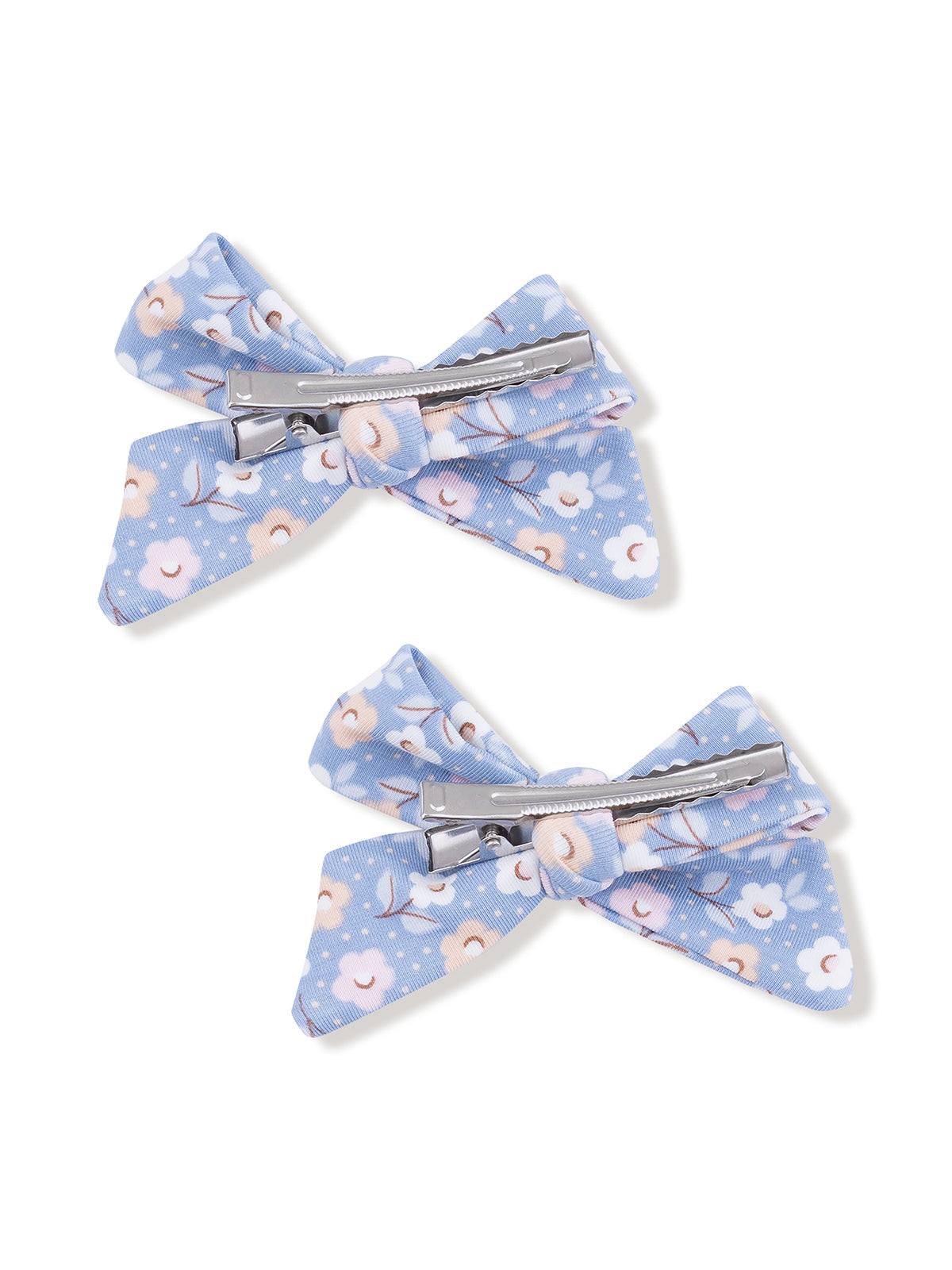Two blue floral hair clips with silver metal clasps.