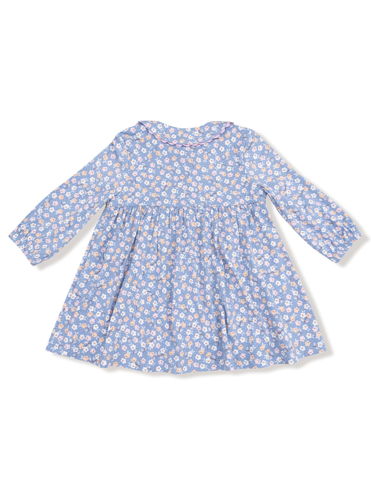 Blue floral dress with long sleeves and a round collar, featuring a gathered waist and flowy skirt.