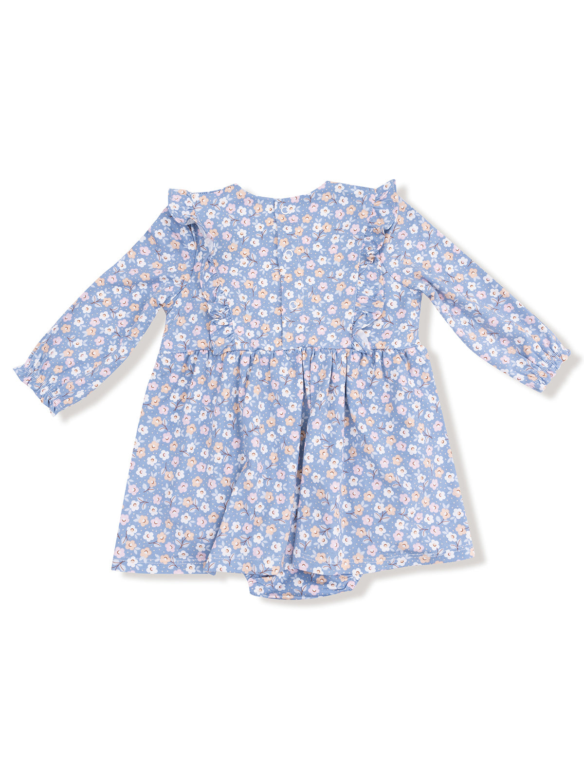 Blue floral dress with long sleeves and ruffled neckline, perfect for casual wear.