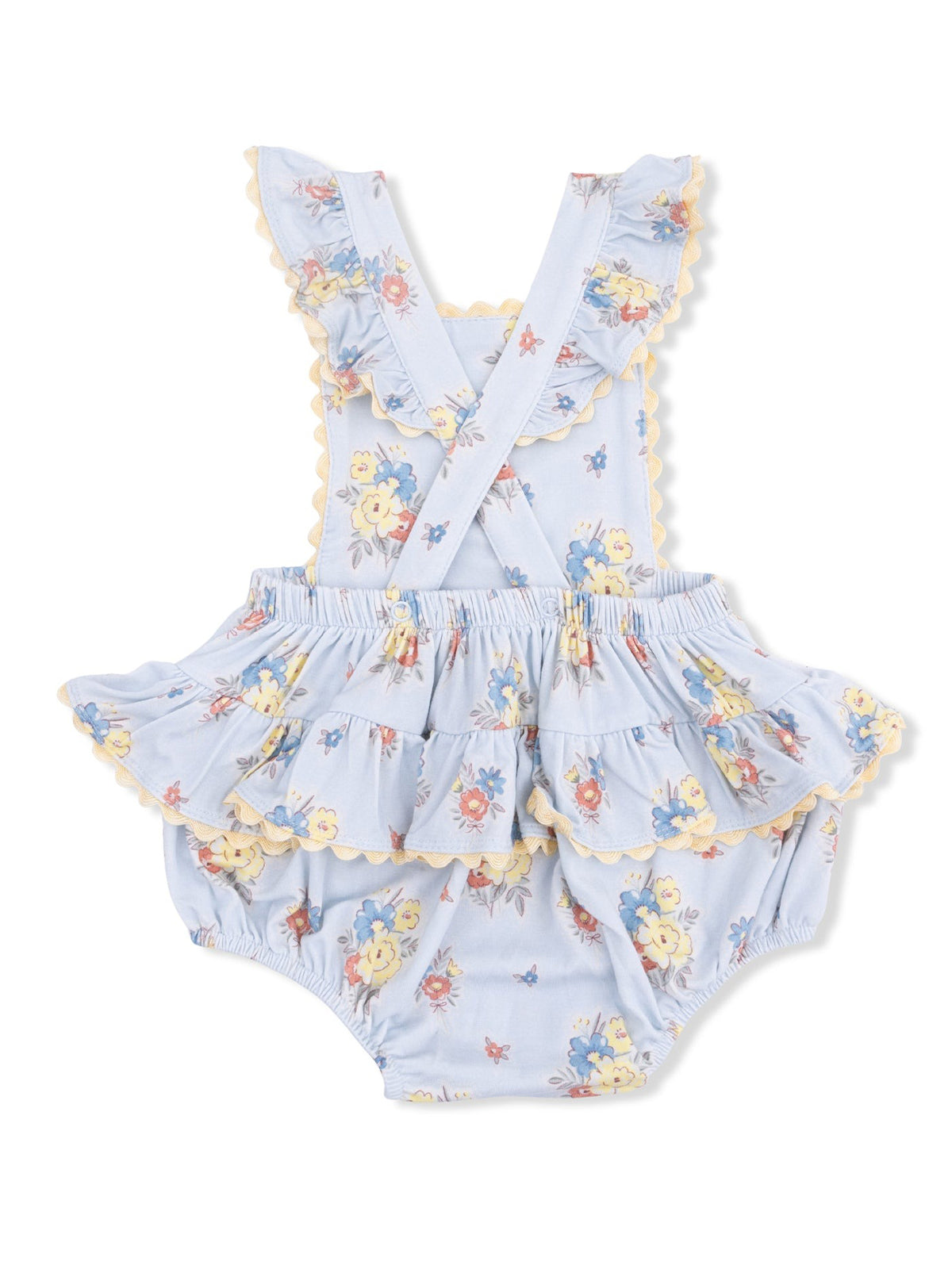Floral baby romper in light blue with ruffled sleeves and skirt, featuring yellow scalloped trim. Perfect for summer.