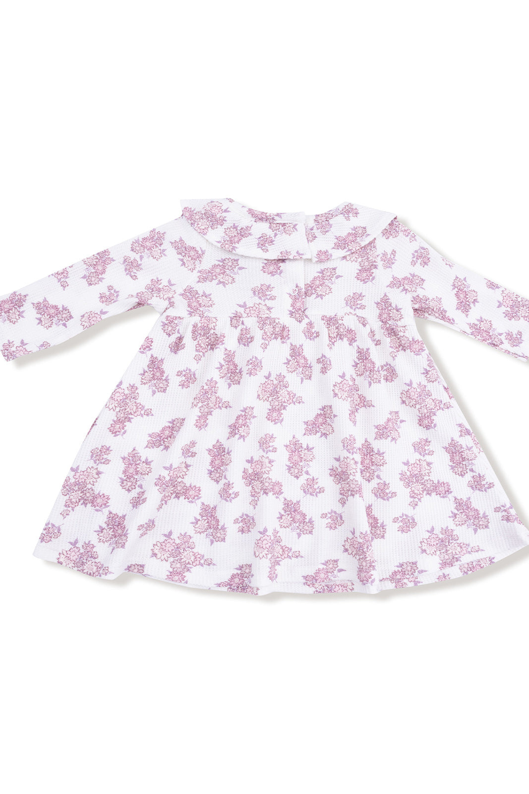 White dress with purple floral pattern and a ruffled collar, viewed from the back.